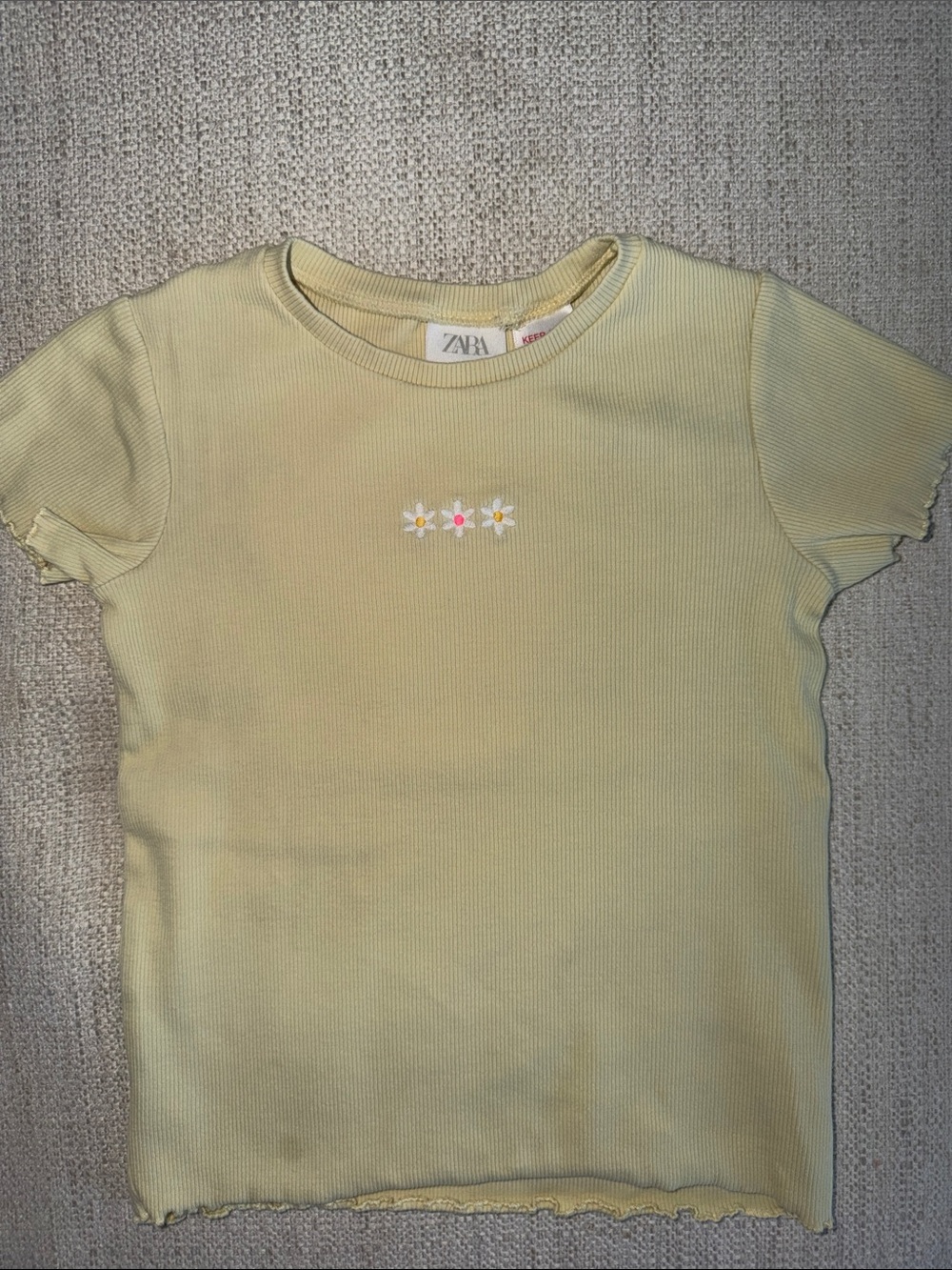 ZARA Kids Pale Yellow Ribbed Tee with Daisy Embroidery